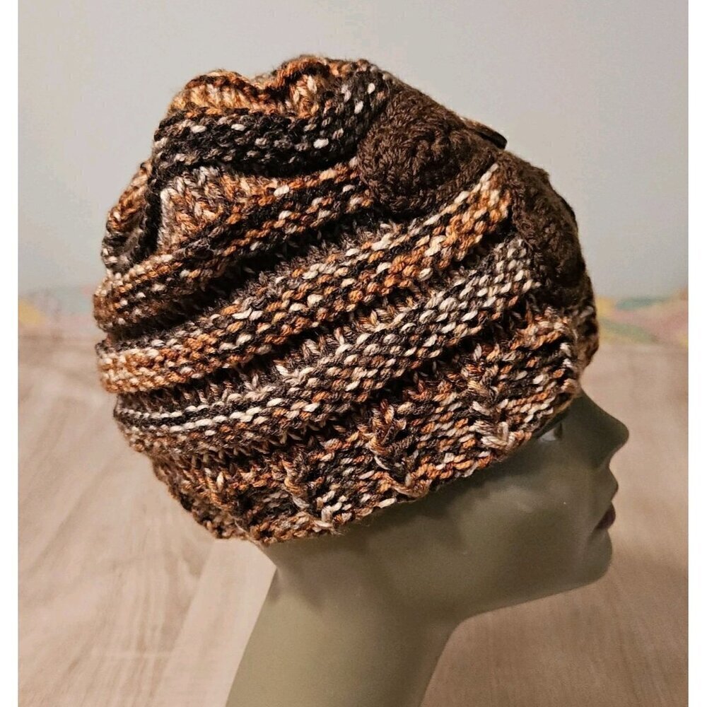 Hand-Made - Knitted Winter Beanie  Brown Flower Hat - One-Size   Warm Womens